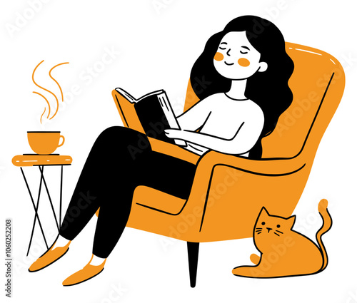 Girl Sitting on Chair Reading a Book, Cozy Scene with Coffee and Cat Nearby, Relaxing Atmosphere - Flat Vector Illustration