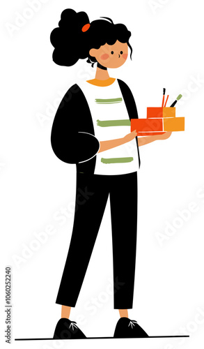 Girl Standing with a Box of Color Brushes, Ready to Create Art and Express Creativity, Artistic Illustration - Flat Vector Illustration