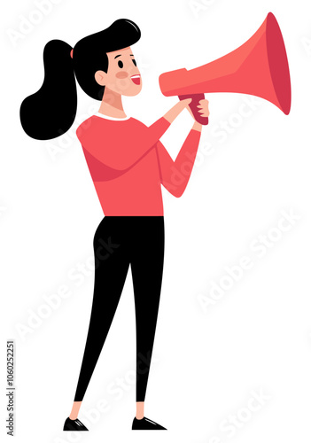 Girl Speaking into a Megaphone, Amplifying Her Voice with Enthusiasm, Dynamic Illustration - Flat Vector Illustration