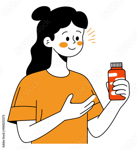 Girl Standing with a Medicine Bottle in Her Hand, Symbolizing Health and Care, Wellness Illustration - Flat Vector Illustration