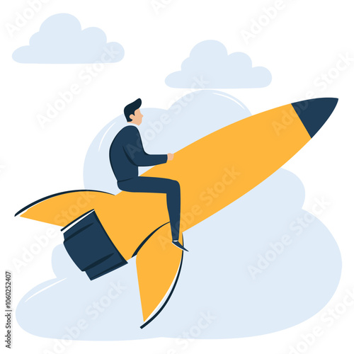 Businessman Riding a Rocket, Symbolizing Ambition and Innovation, Fun and Creative Illustration - Flat Vector Illustration