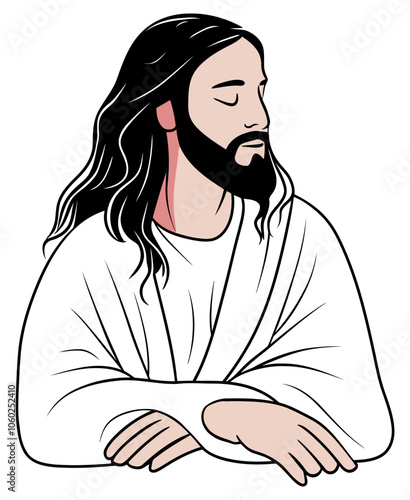 Peaceful Jesus, Embracing Tranquility and Compassion, Religious Art - Flat Vector Illustration