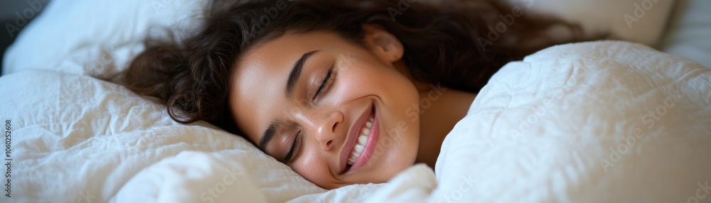 Peaceful Sleep Woman Smiling Contentedly in Soft Bedding, Resting Comfortably, Enjoying Sweet Dreams in a Cozy Bedroom, Tranquil Moment of Relaxation, Happy Slumber, Dreamy Night, Restful Night