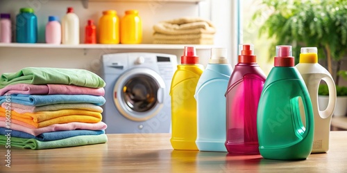 High Quality Arrangement of Colorful Detergent Bottles with Freshly Cleaned Clothes for Laundry Room Decor and Organization