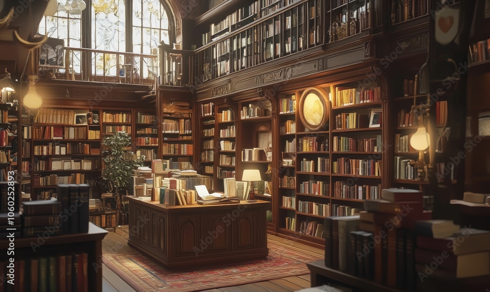 A well-lit library with a large bookshelf. A well-lit library with a large bookshelf.