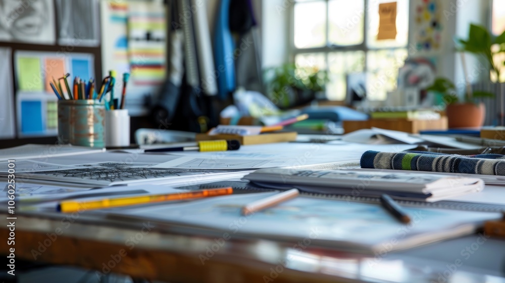 A section of the room dedicated to textile design with a large drafting table and supplies for sketching and planning.