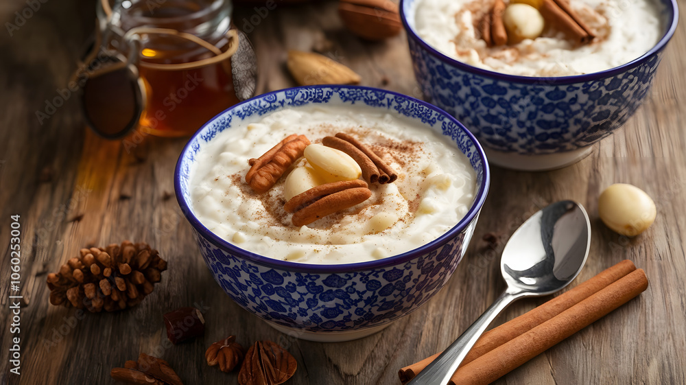 Sweet Rice Pudding: A creamy rice pudding flavored with vanilla and garnished with cinnamon, elegantly served in small bowls, topped with nuts and a drizzle of honey.
Sweet Rice Pudding: A creamy rice pudding flavored with vanilla and garnished with cinnamon, elegantly served in small bowls, topped with nuts and a drizzle of honey.
