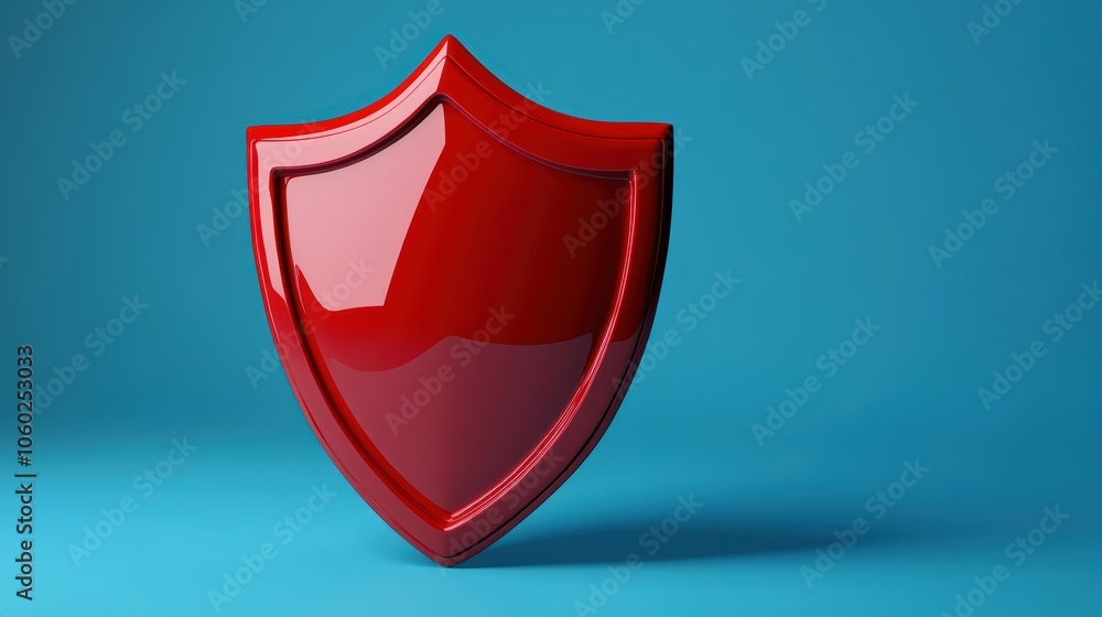 Glossy Red Shield Icon on Clean Blue Background Glossy Red Shield Icon on Clean Blue Background