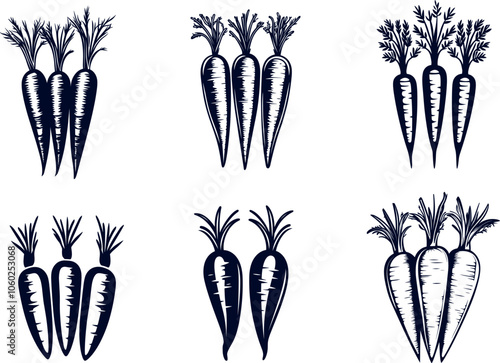 Stylized Illustrations of Various Carrot Designs in a Grid Layout With Intricate Details