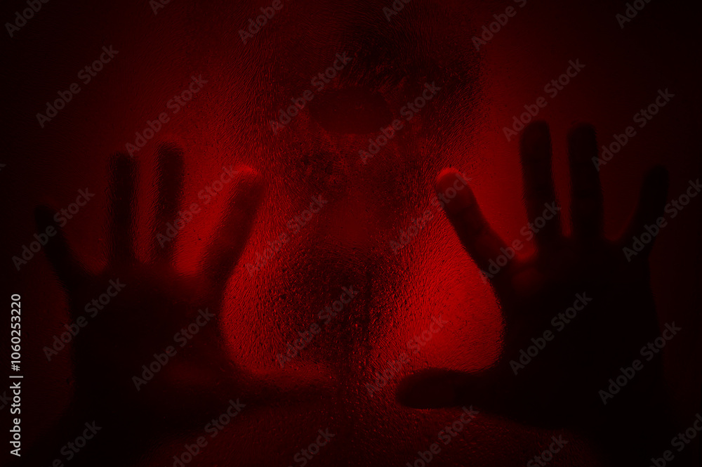 Horror scene of a hands against wet shower glass. Two hands pressing against glass wall indoors. Toned image. Horror scene of a hands against wet shower glass. Two hands pressing against glass wall indoors. Toned image.