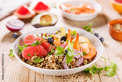 quinoa salad with grapefruit, avocado and shrimp. vegetarian Buddha bowl, healthy eating