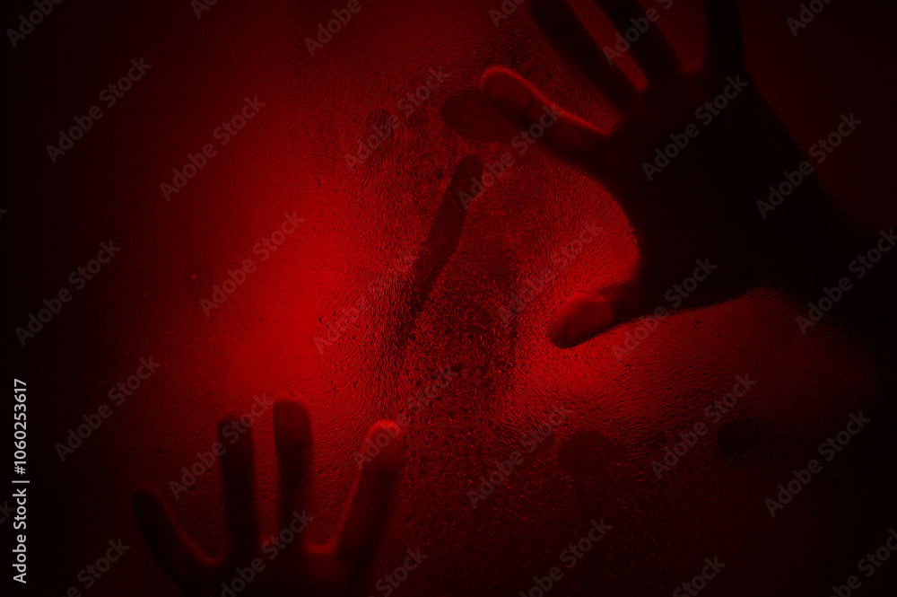 Horror scene of a hands against wet shower glass. Two hands pressing against glass wall indoors. Toned image. Horror scene of a hands against wet shower glass. Two hands pressing against glass wall indoors. Toned image.