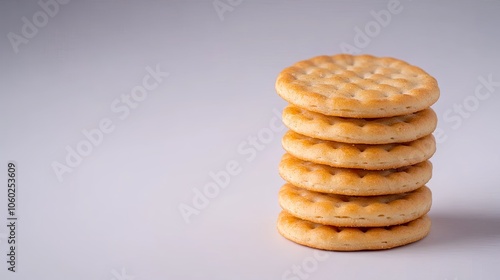 A delightful stack of whole-grain crackers arranged neatly against a pristine white background evoking a sense of simplicity and nourishment