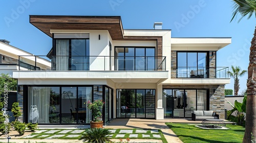 Modern two-story house with large windows, a patio, and a grassy lawn.