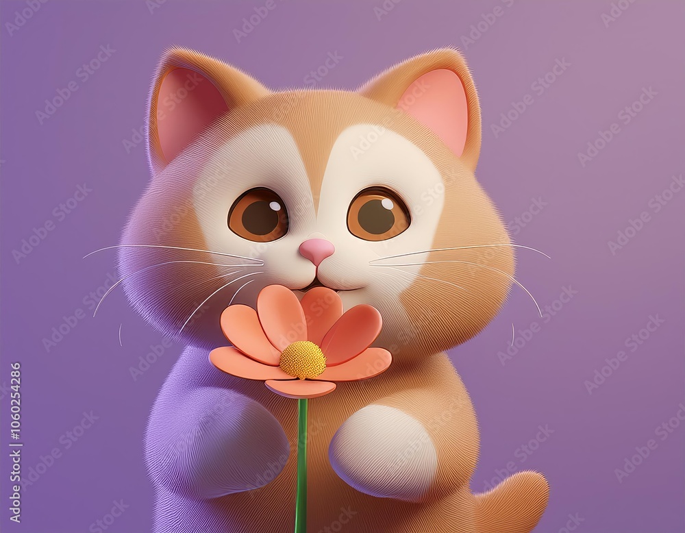 3D furry cat smiles while smelling a flower 3D furry cat smiles while smelling a flower