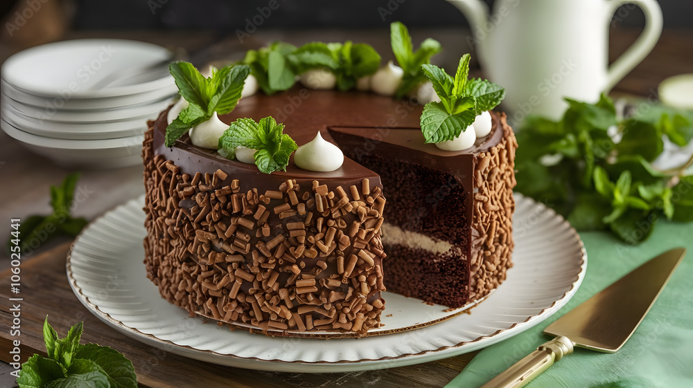 Mint Chocolate Cake: A moist chocolate cake flavored with mint, elegantly presented with a slice cut out, revealing its rich interior, surrounded by fresh mint leaves.
Mint Chocolate Cake: A moist chocolate cake flavored with mint, elegantly presented with a slice cut out, revealing its rich interior, surrounded by fresh mint leaves.
