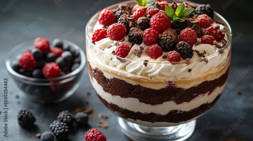Chocolate Raspberry Trifle Dessert with Whipped Cream and Berries