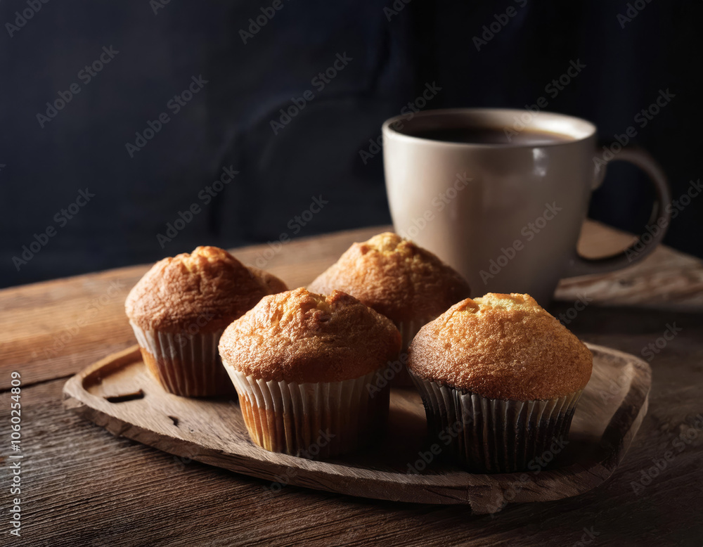 magdalenas recién horneadas en una bandeja de madera con una taza de café detrás e iluminadas con luz natural magdalenas recién horneadas en una bandeja de madera con una taza de café detrás e iluminadas con luz natural