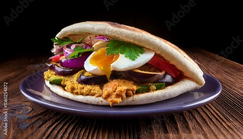 Sabich A stuffed pita sandwich with fried eggplant, boiled egg, hummus, tahini and amba photo