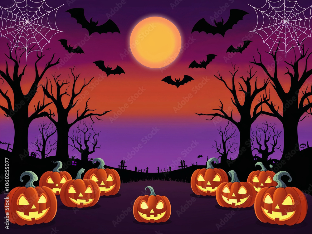 Halloween Night Scene with Pumpkins, Bats, Spooky Trees, and Full Moon in a Dark Forest Halloween Night Scene with Pumpkins, Bats, Spooky Trees, and Full Moon in a Dark Forest