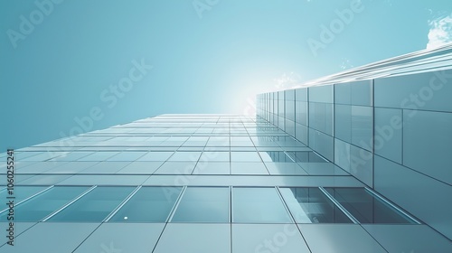 A low-angle view of a modern office building with a bright blue sky and sun reflecting off the windows.