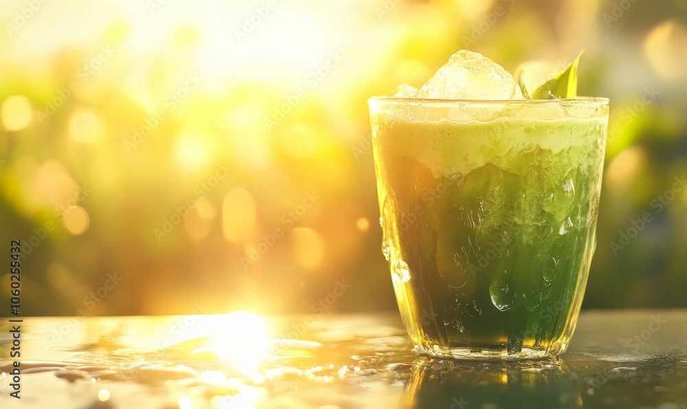 Iced green drink in a glass with a leaf. Iced green drink in a glass with a leaf.