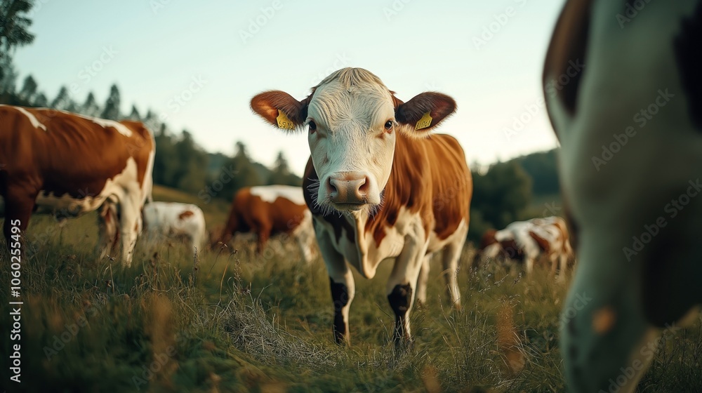 A herd of brown and white cows grazing in a lush green meadow during sunset, with trees in the background and one cow prominently facing the camera. A herd of brown and white cows grazing in a lush green meadow during sunset, with trees in the background and one cow prominently facing the camera.