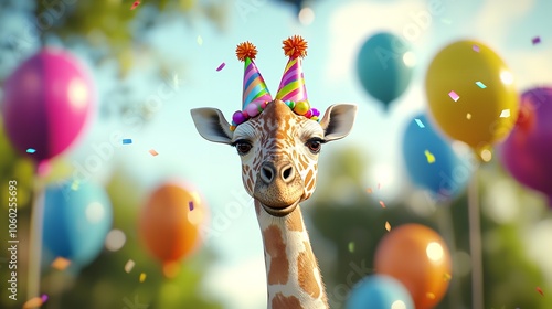 Giraffe blow air balloon with birthday capat birthday party photo