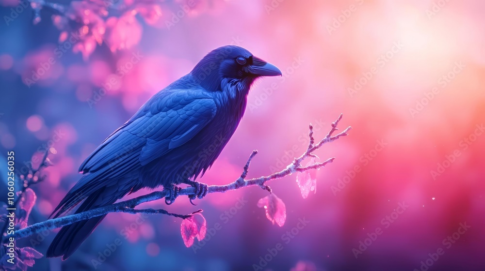 A raven perched on a glowing, neon-colored branch in the night A raven perched on a glowing, neon-colored branch in the night