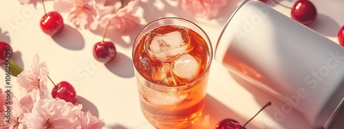 Product photography of cherry soda in a glass, next to a can with a pink background, cherry blossoms and cherries on the table