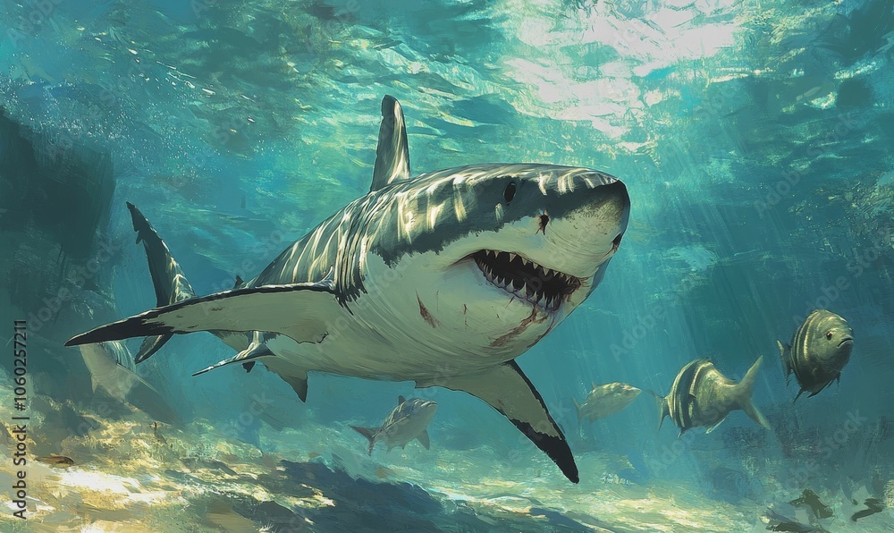 Naklejka premium A great white shark swims among smaller fish.