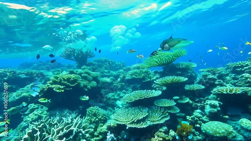 Wallpaper Mural Camera tracks forward over a coral reef in shallow tropical waters. bright afternoon sun. schools of colorful fish dart among corals. Torontodigital.ca