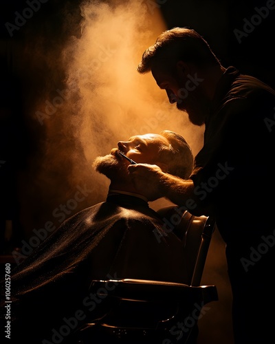 A man gets a close shave at a barber shop.