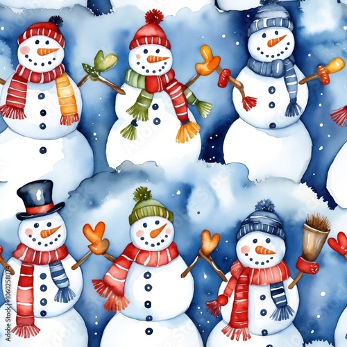 Watercolor Seamless Pattern of Snowmen with Winter Accents - Seamless tile photo