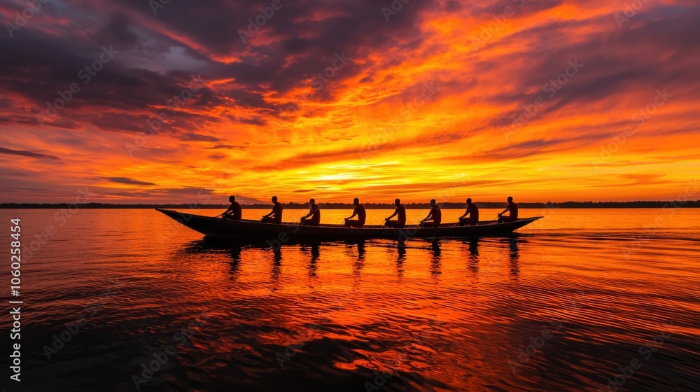 A picturesque sunset reflects on water as a team rows in unison, creating a harmonious silhouette against a vibrant sky. A picturesque sunset reflects on water as a team rows in unison, creating a harmonious silhouette against a vibrant sky.
