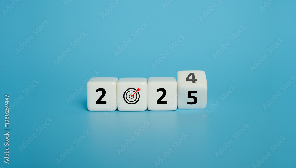 White cube shape with change transition from 2024 to new year 2025 with business or self improvement target and objective shot on blue background with copy space studio shot. New year resolution White cube shape with change transition from 2024 to new year 2025 with business or self improvement target and objective shot on blue background with copy space studio shot. New year resolution