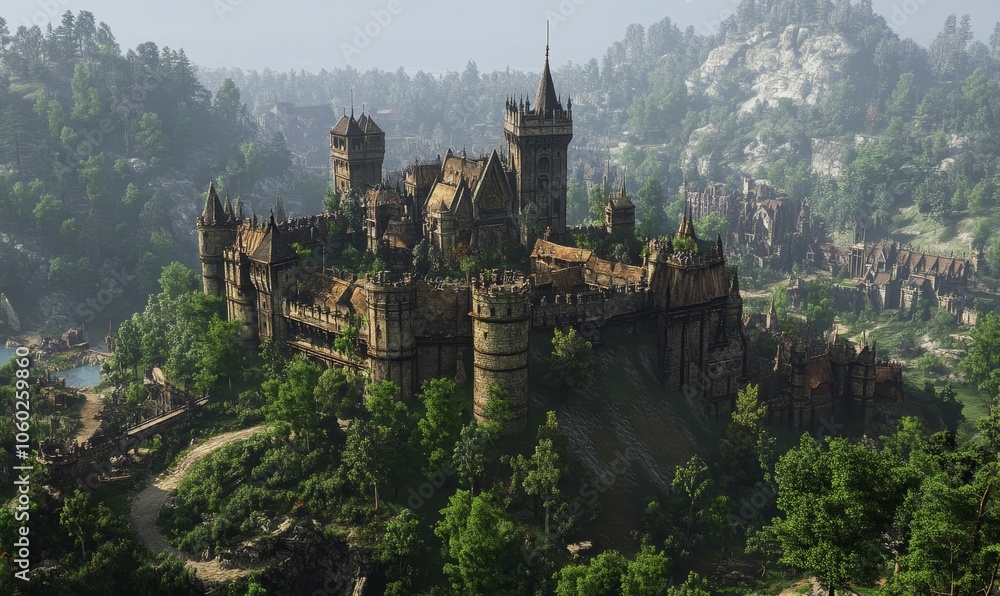 Obraz premium Stone castle on a hill surrounded by trees.