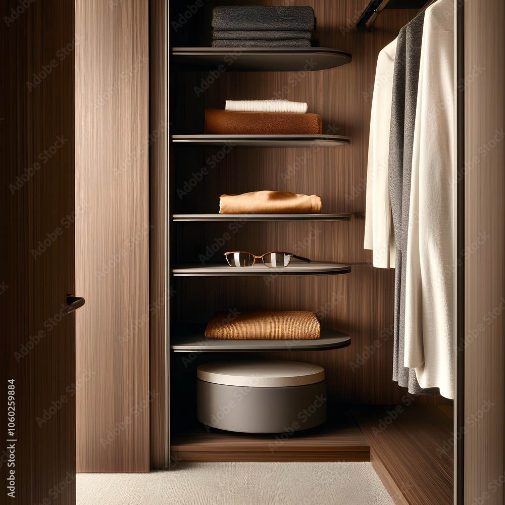 Organized closet with neatly arranged clothing and accessories Organized closet with neatly arranged clothing and accessories