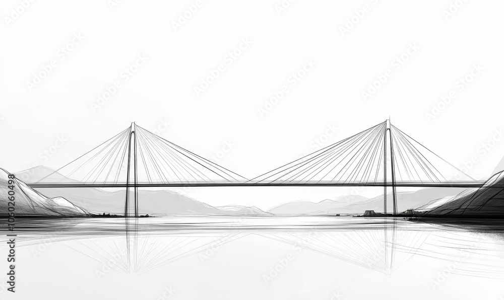 Fototapeta premium A sketch of a suspension bridge over water.