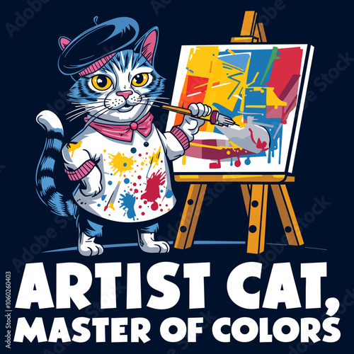 Cartoon Cat Artist Painting on Canvas in Colorful Abstract Style - T-Shirt Print Design