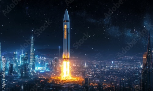 Rocket launching from futuristic city at night.