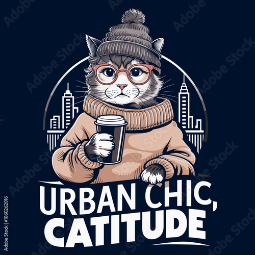 T-Shirt Print Design - Stylish Cat in Sweater with Coffee in Urban Setting - Urban Chic Catitude
