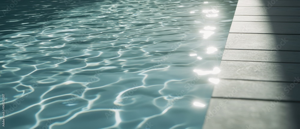 Obraz premium A serene view of a sparkling pool with gentle waves and light reflections, complemented by a clean tiled edge.