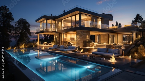 A modern, luxurious house with a large swimming pool and a stunning view of the surrounding nature at dusk.