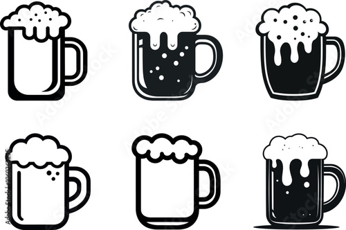 Diverse Illustrated Mugs of Beer With Frothy Tops Displayed in a Grid Layout