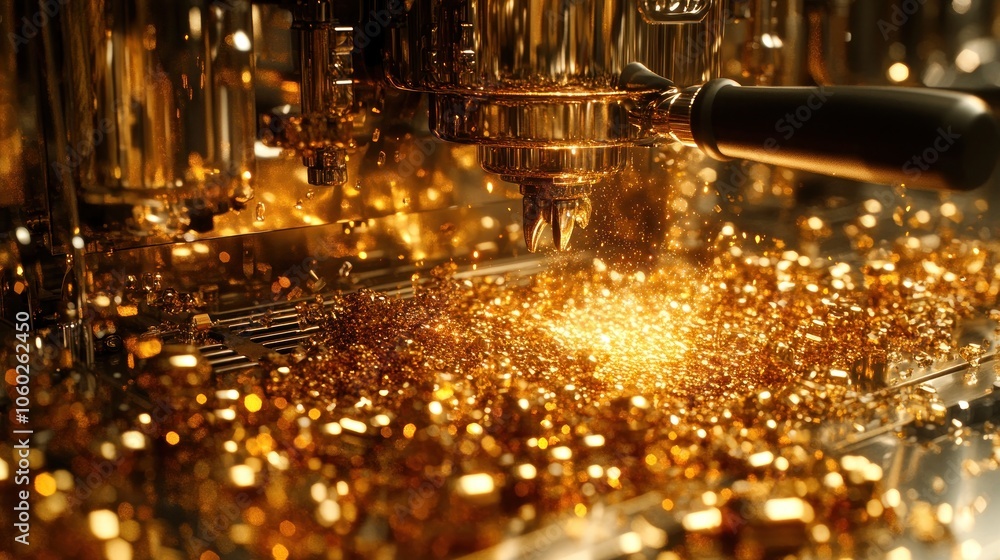 Close-up of a golden espresso machine with coffee grounds. Close-up of a golden espresso machine with coffee grounds.