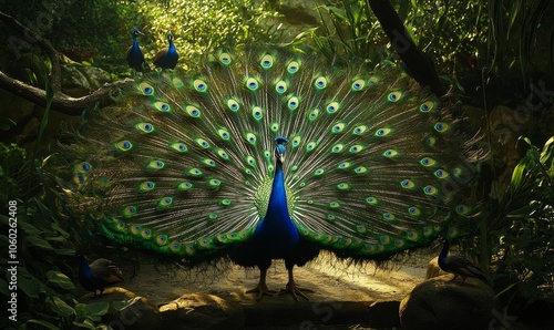 Peacock displaying its iridescent feathers.