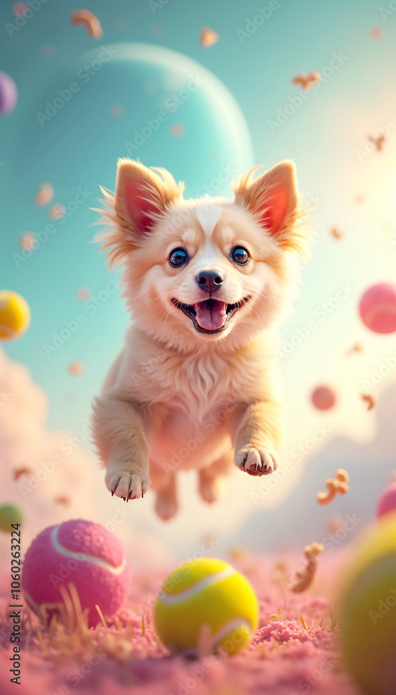 Obraz premium Happy dog in a world of tennis balls, leaping with joy in a whimsical pastel paradise