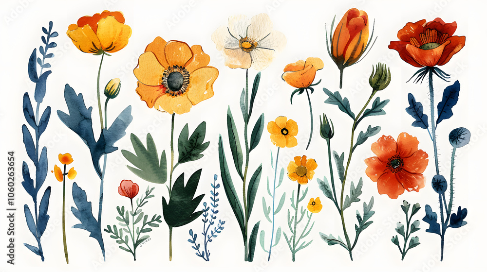 Fototapeta premium Painted flowers and plants in watercolor and ink linocut style