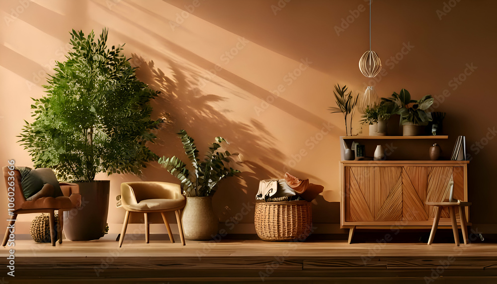 Obraz premium Imagine a warm-toned color palette enhanced by wooden elements and greenery.